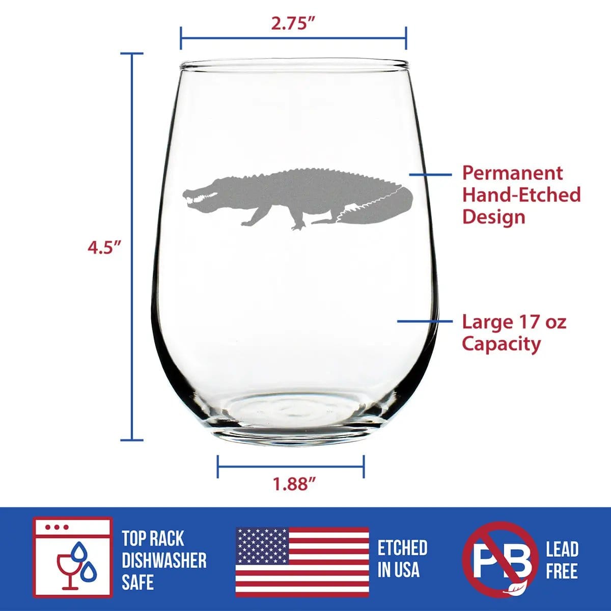 Etched Stemless Wine Glass | 17 oz | Dishwasher Safe | Alligator