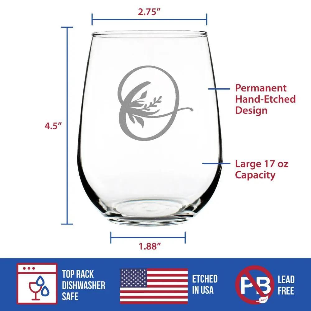 Etched Stemless Wine Glass | 17 oz | Dishwasher Safe | Monogram Floral Letter O