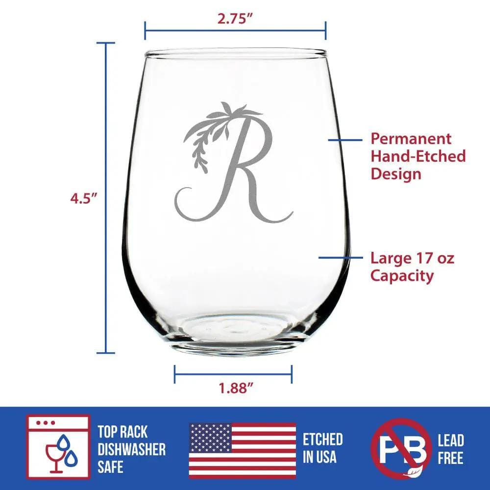 Etched Stemless Wine Glass | 17 oz | Dishwasher Safe | Monogram Floral Letter R