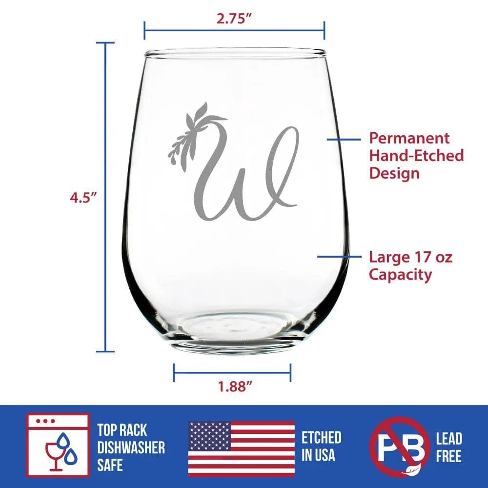 Etched Stemless Wine Glass | 17 oz | Dishwasher Safe | Monogram Floral Letter W