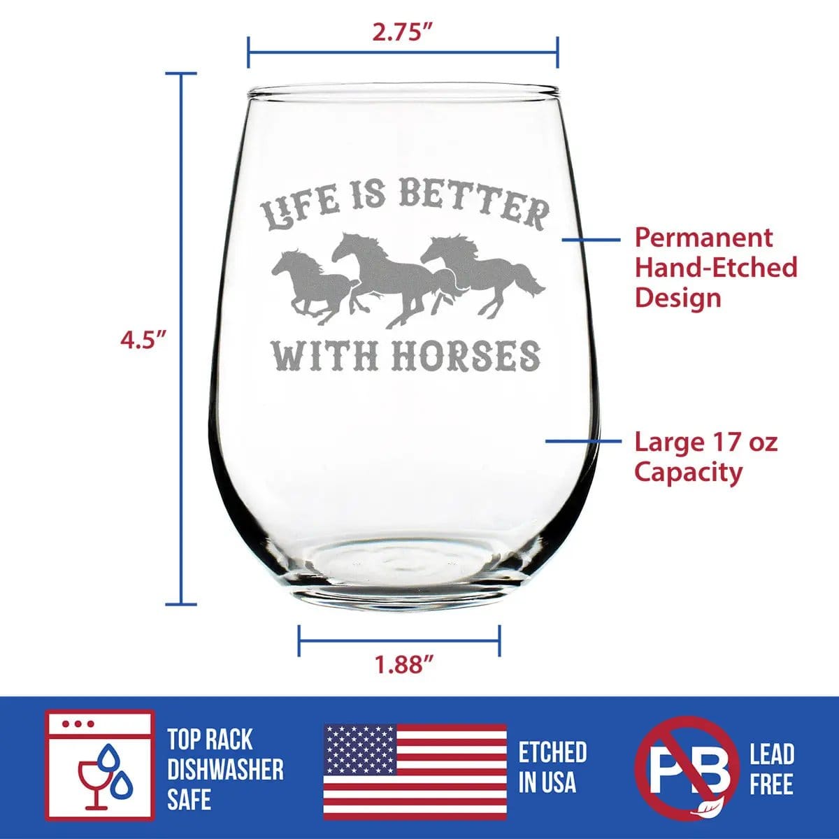 Etched Stemless Wine Glass | 17 oz | Dishwasher Safe | Life Is Better With Horses