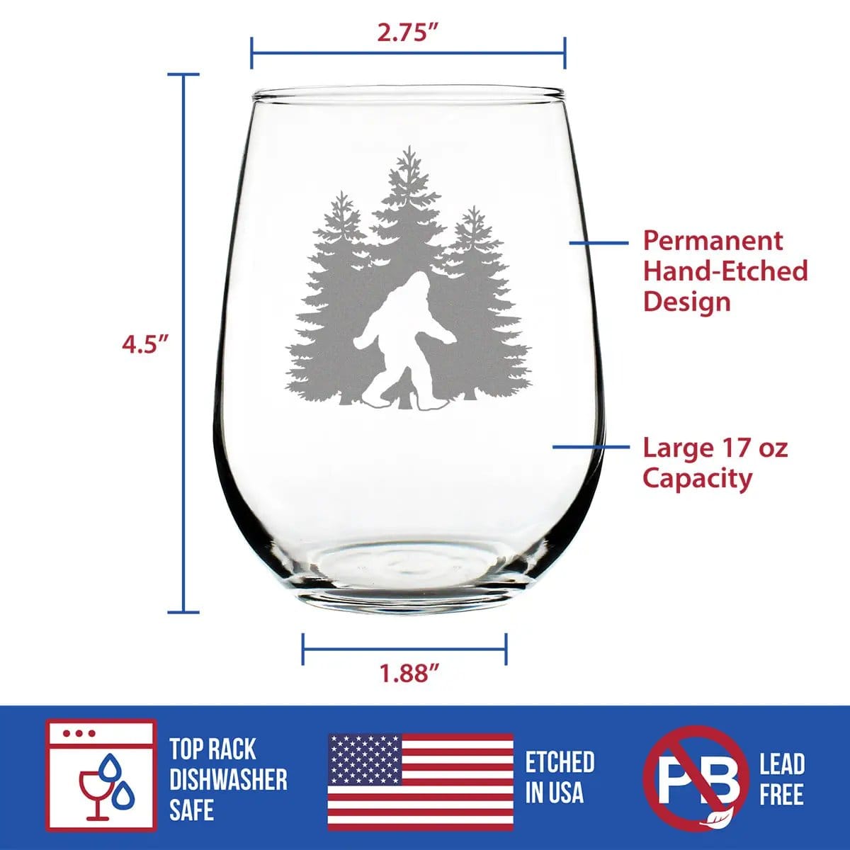 Etched Stemless Wine Glass | 17 oz | Dishwasher Safe | Bigfoot Engraved
