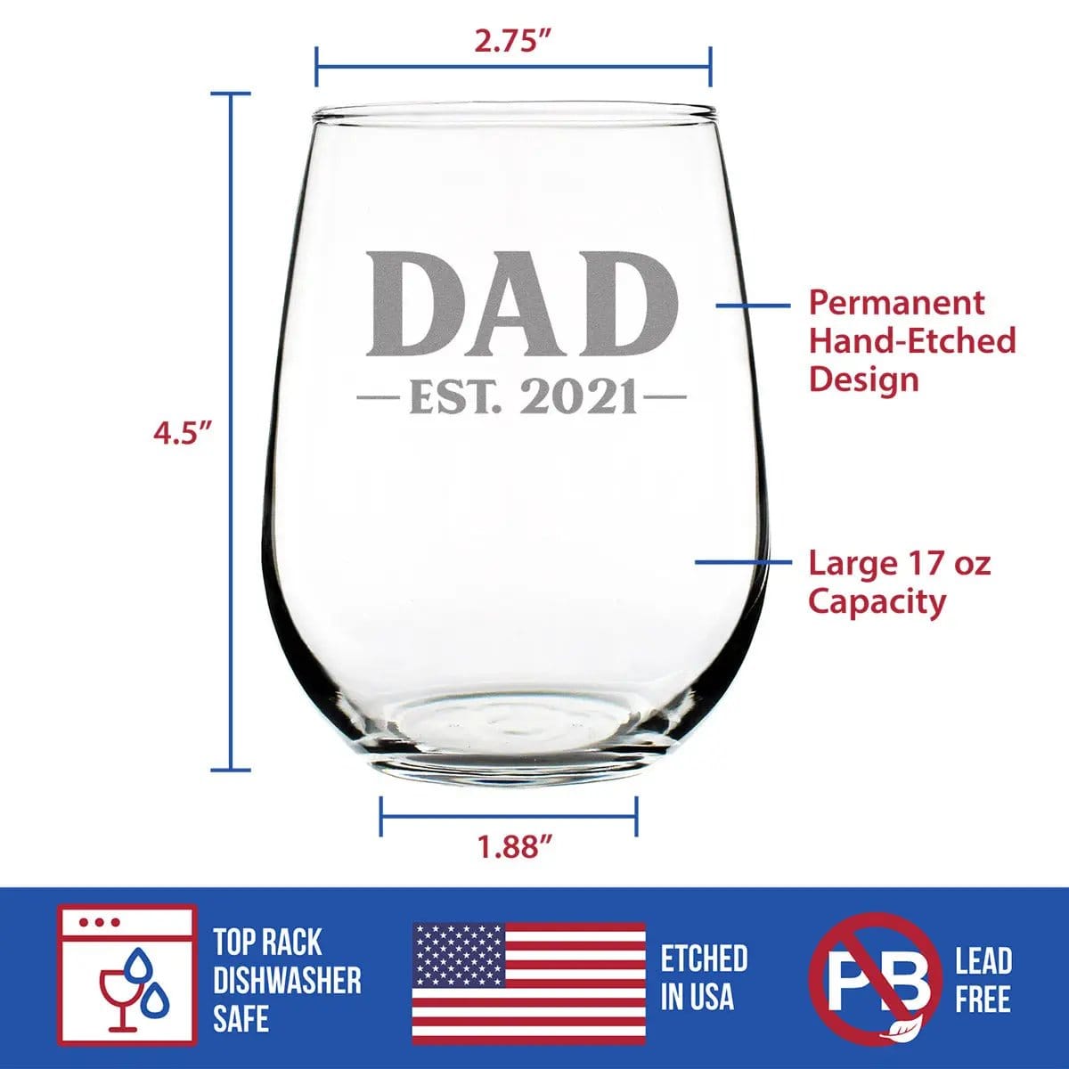 Etched Stemless Wine Glass | 17 oz | Dishwasher Safe | Dad Est 2021 - New Father