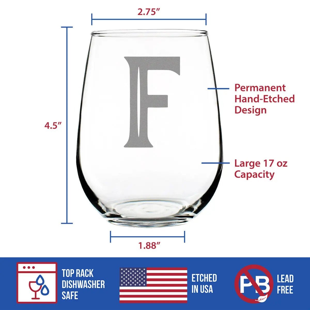 Etched Stemless Wine Glass | 17 oz | Dishwasher Safe | Monogram Bold Letter F