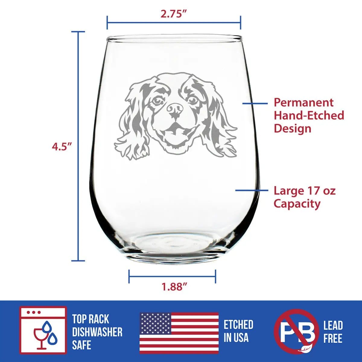 Etched Stemless Wine Glass | 17 oz | Dishwasher Safe | Cavalier King Charles Spaniel