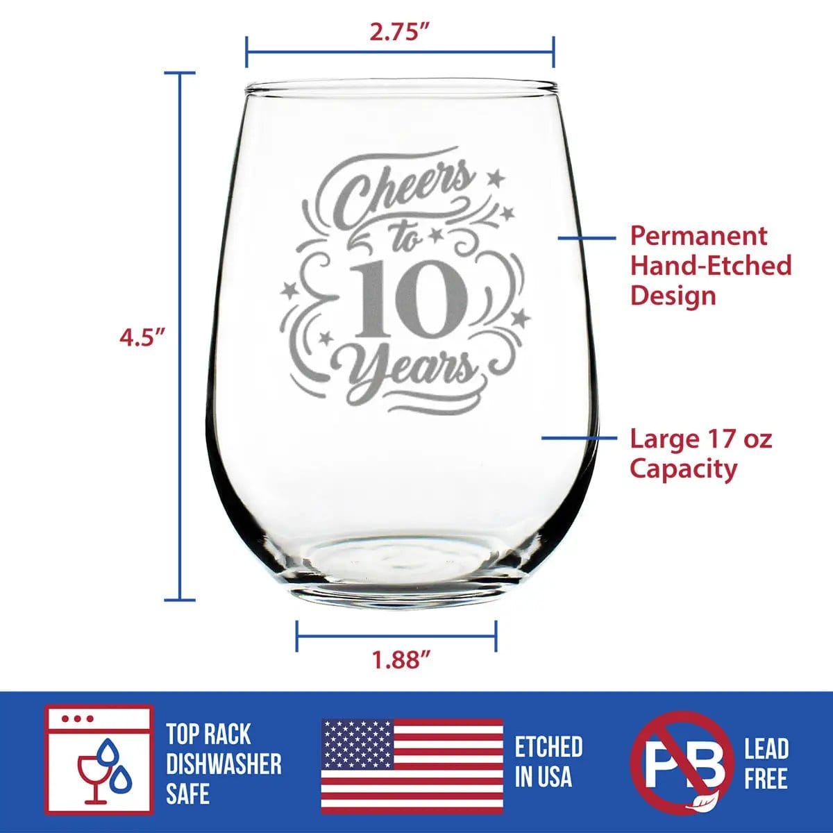 Etched Stemless Wine Glass | 17 oz | Dishwasher Safe | Cheers to 10 Years