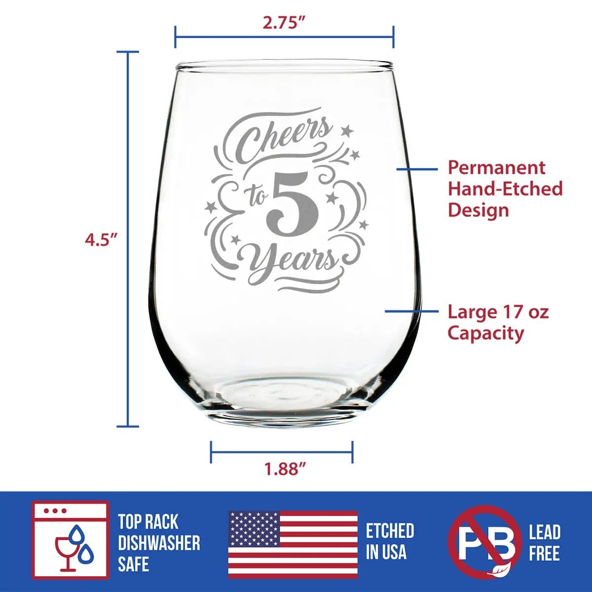 Etched Stemless Wine Glass | 17 oz | Dishwasher Safe | Cheers to 5 Years