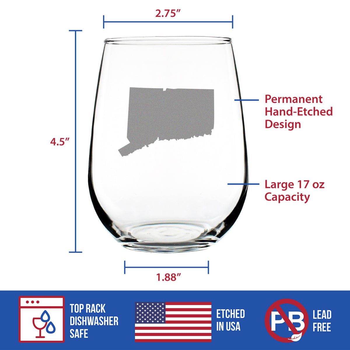 Etched Stemless Wine Glass | 17 oz | Dishwasher Safe | Connecticut State Outline