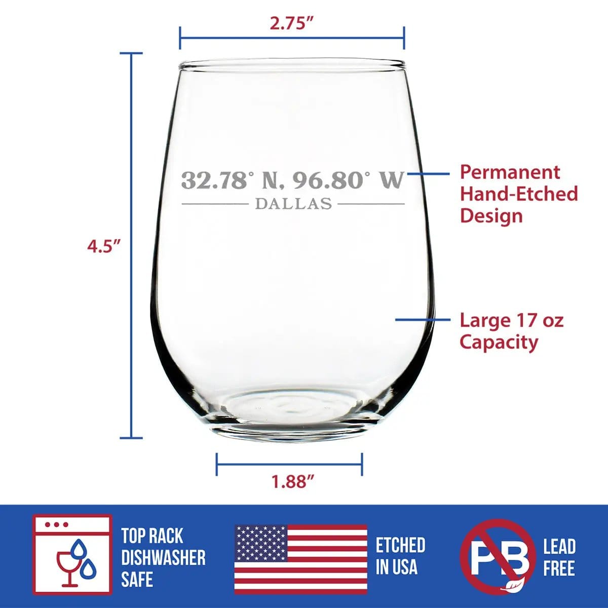 Etched Stemless Wine Glass | 17 oz | Dishwasher Safe | Dallas Coordinates