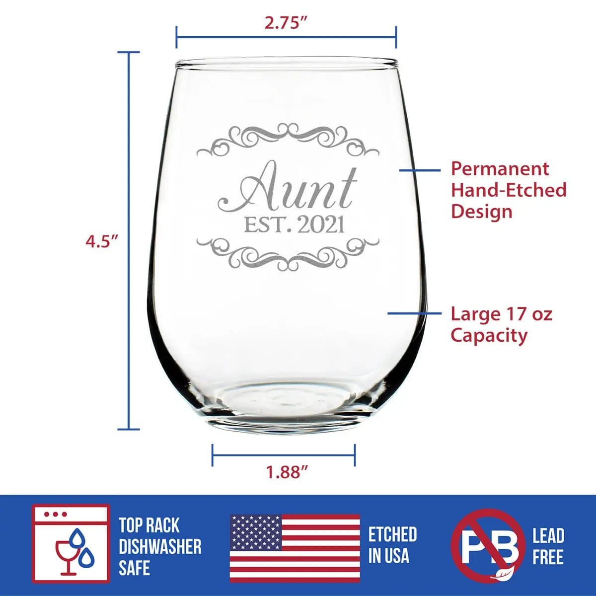 Etched Stemless Wine Glass | 17 oz | Dishwasher Safe | Aunt Est 2021 - New Aunties (Style 2)