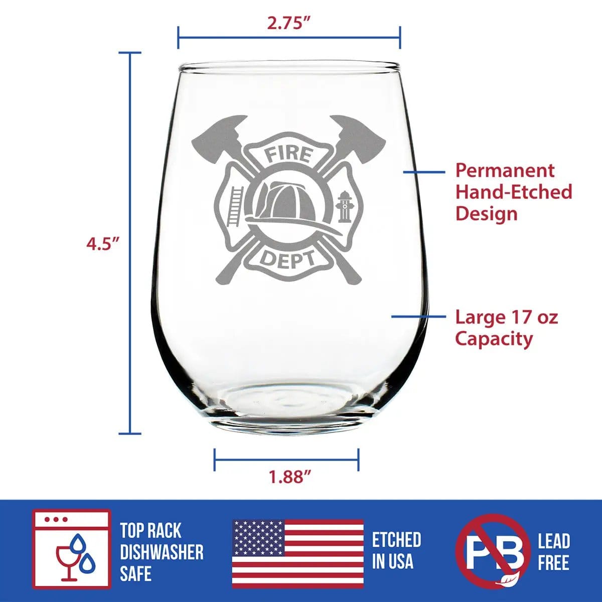 Etched Stemless Wine Glass | 17 oz | Dishwasher Safe | Firefighter Symbol Engraved