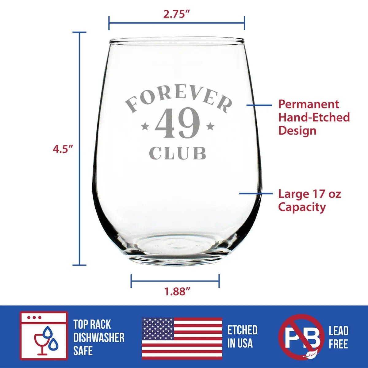Etched Stemless Wine Glass | 17 oz | Dishwasher Safe | Forever 49 Club