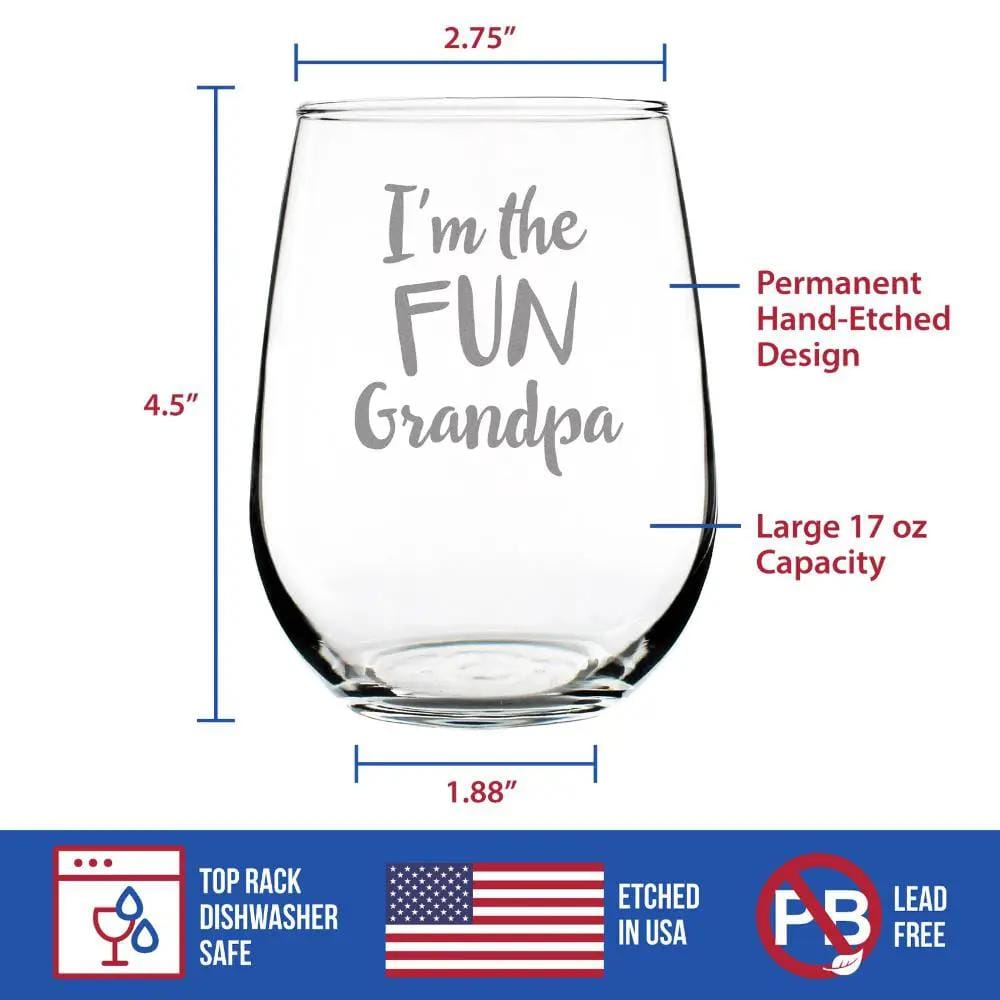 Etched Stemless Wine Glass | 17 oz | Dishwasher Safe | Fun Grandpa - Funny Grandfather