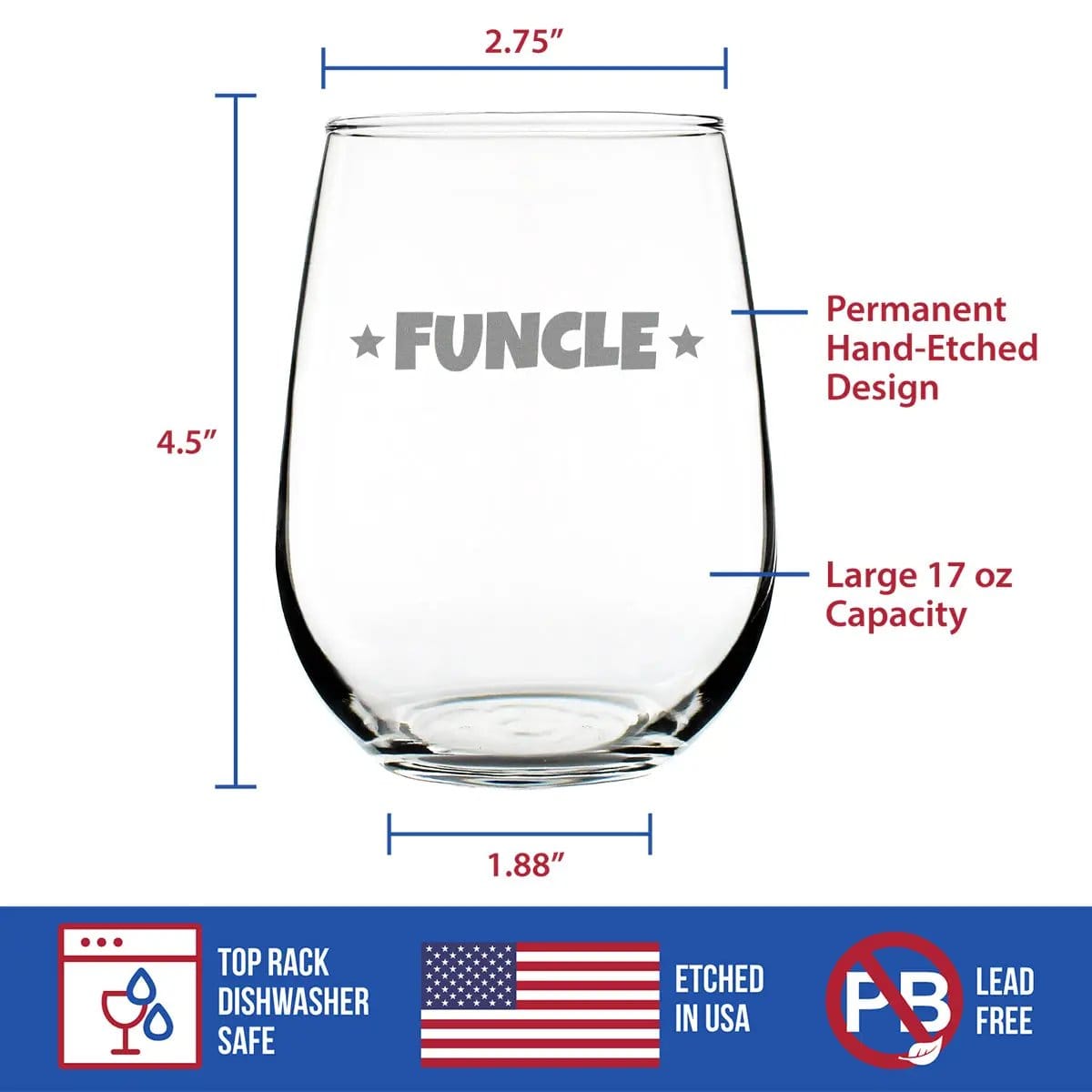 Etched Stemless Wine Glass | 17 oz | Dishwasher Safe | Funcle