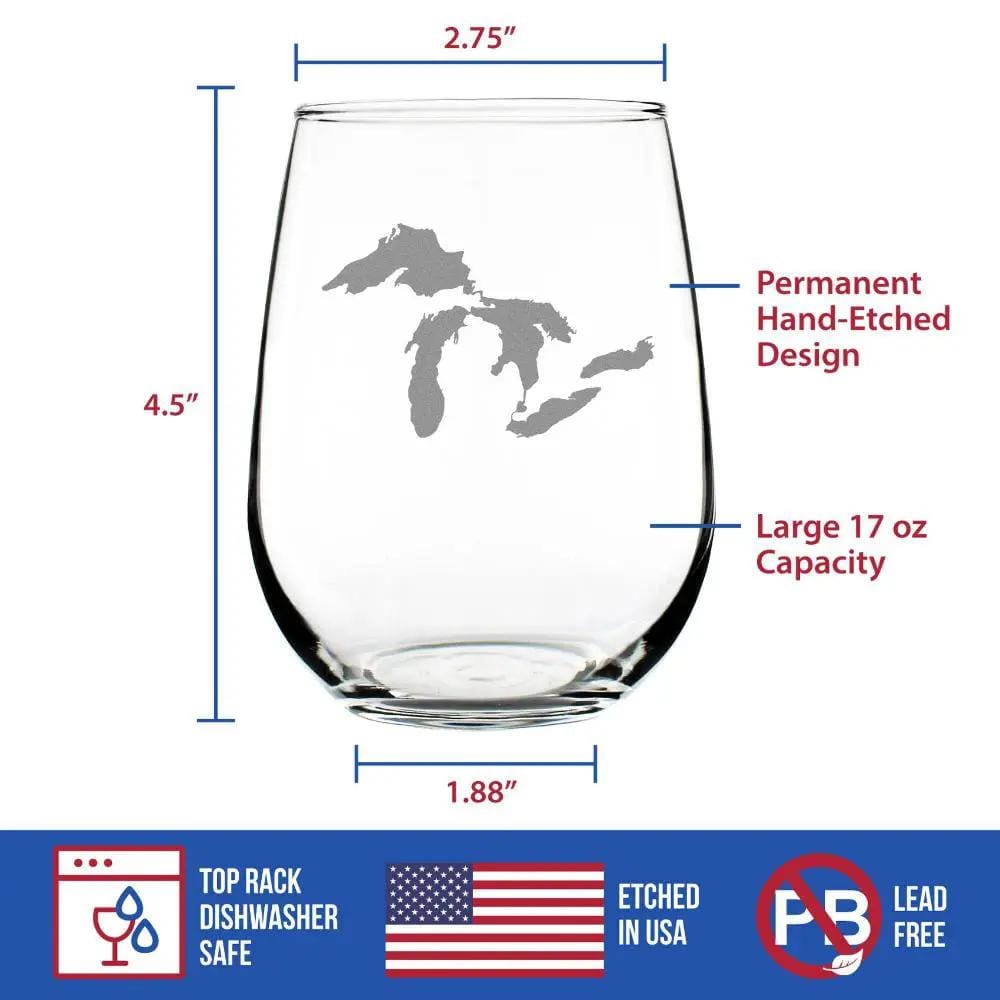 Etched Stemless Wine Glass | 17 oz | Dishwasher Safe | Great Lakes Map