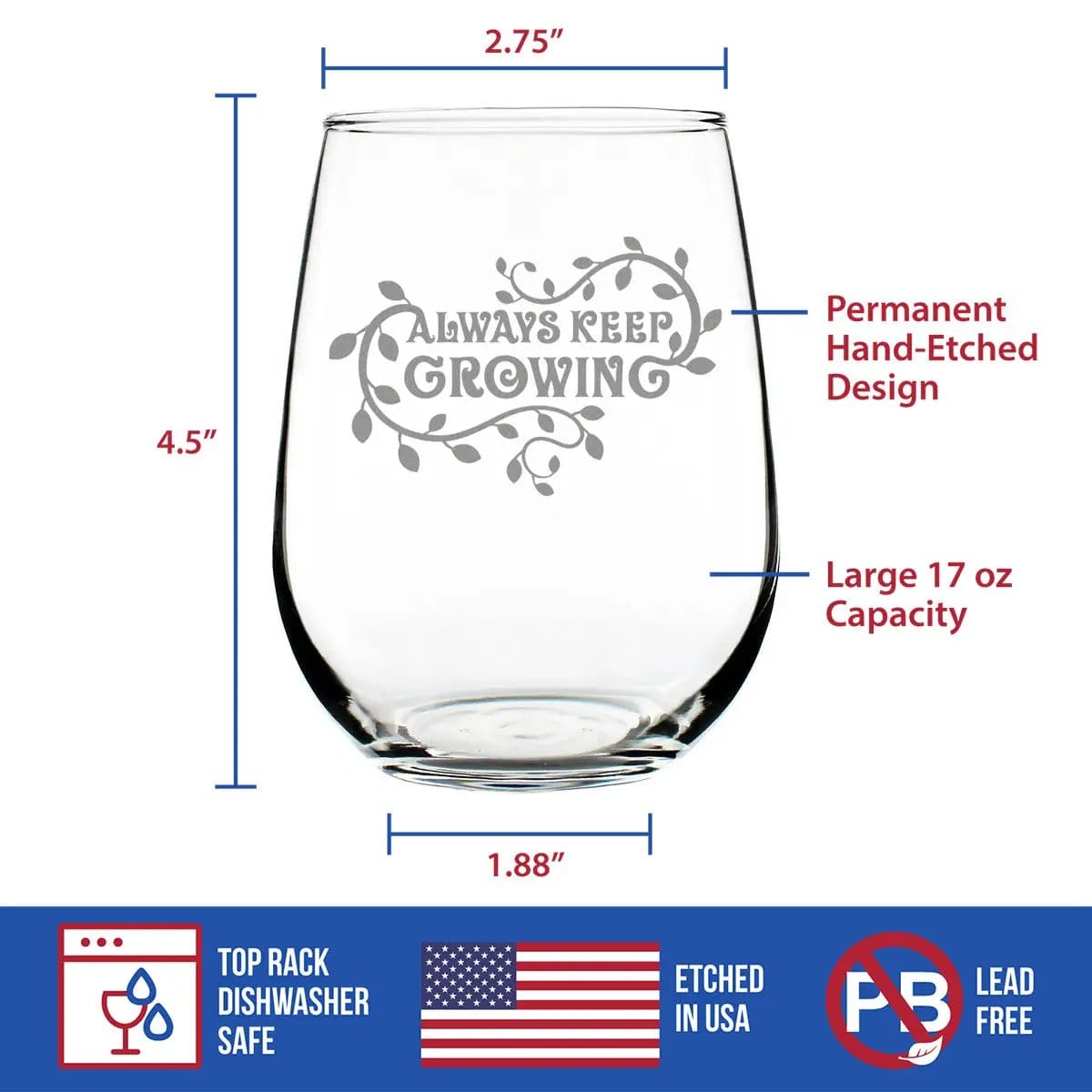Etched Stemless Wine Glass | 17 oz | Dishwasher Safe | Keep Growing