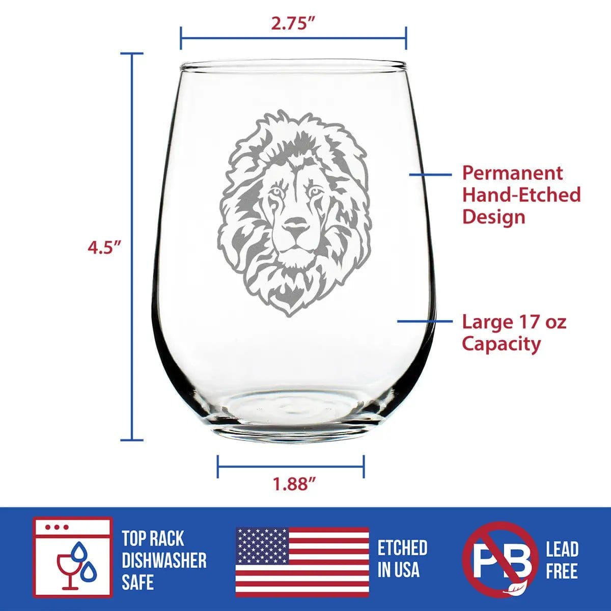 Etched Stemless Wine Glass | 17 oz | Dishwasher Safe | Lion
