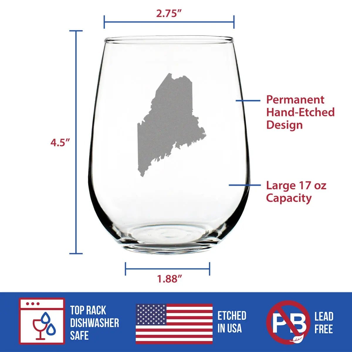 Etched Stemless Wine Glass | 17 oz | Dishwasher Safe | Maine State Outline