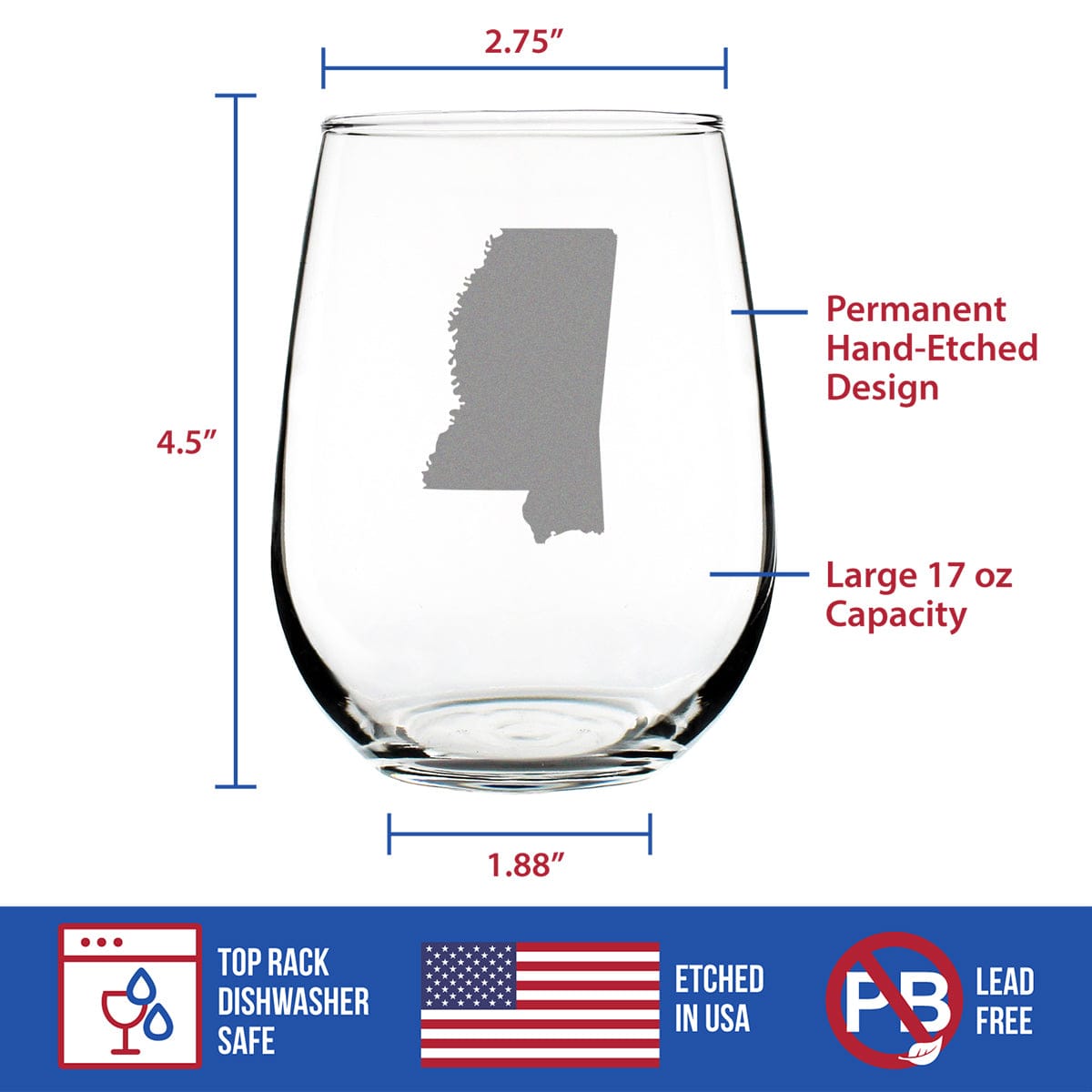 Etched Stemless Wine Glass | 17 oz | Dishwasher Safe | Mississippi State Outline