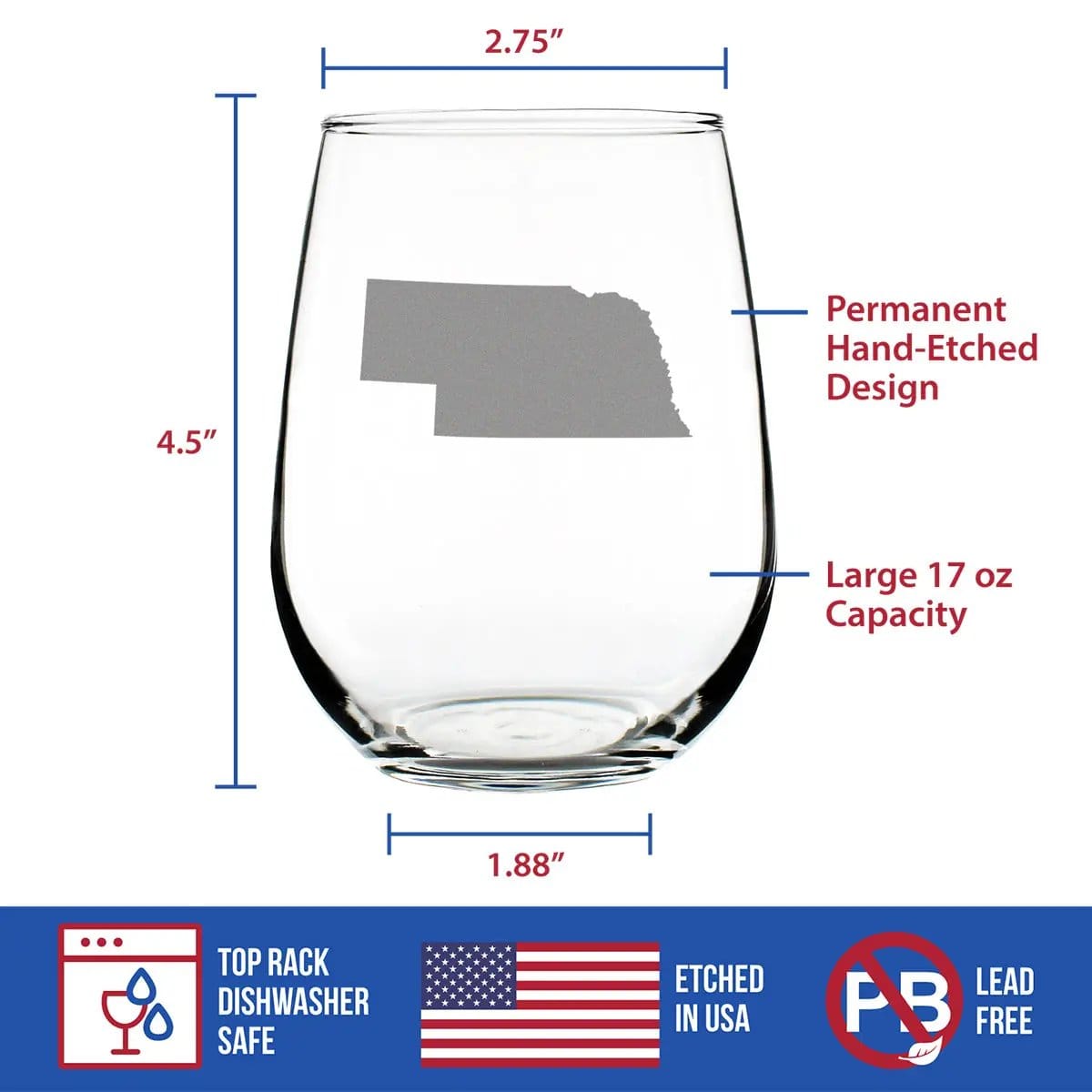 Etched Stemless Wine Glass | 17 oz | Dishwasher Safe | Nebraska State Outline