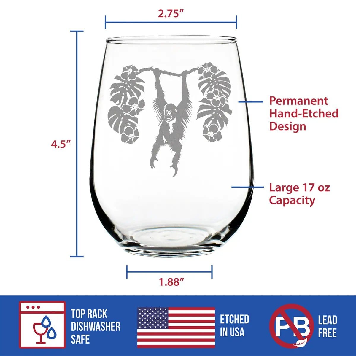 Etched Stemless Wine Glass | 17 oz | Dishwasher Safe | Orangutan