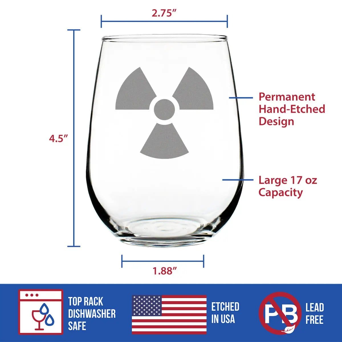 Etched Stemless Wine Glass | 17 oz | Dishwasher Safe | Radiation Symbol