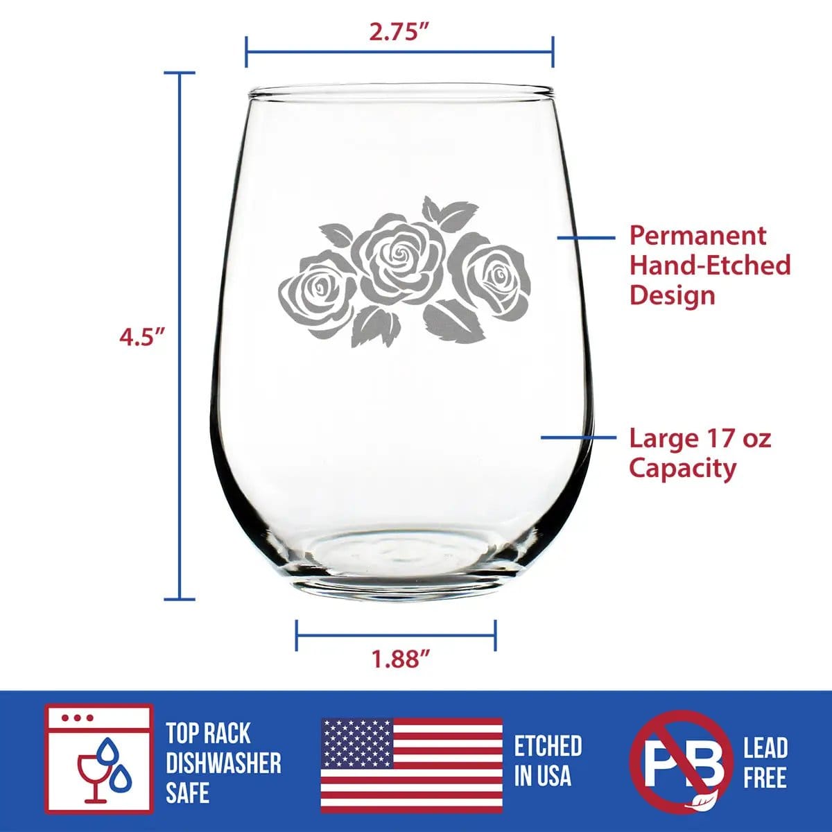 Etched Stemless Wine Glass | 17 oz | Dishwasher Safe | Roses