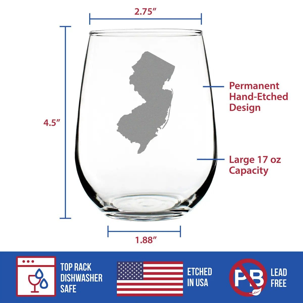 Etched Stemless Wine Glass | 17 oz | Dishwasher Safe | New Jersey State Outline
