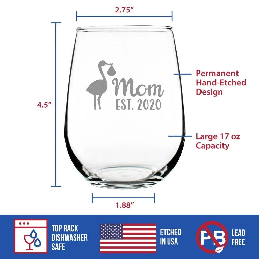 Etched Stemless Wine Glass | 17 oz | Dishwasher Safe | Mom Est 2020 with Stork - New Moms