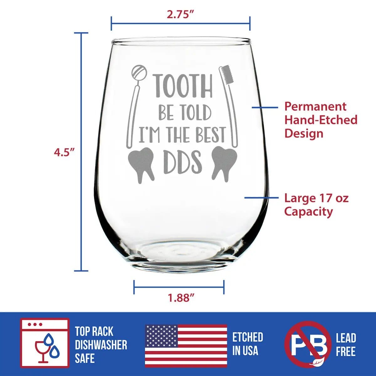 Etched Stemless Wine Glass | 17 oz | Dishwasher Safe | Tooth Be Told