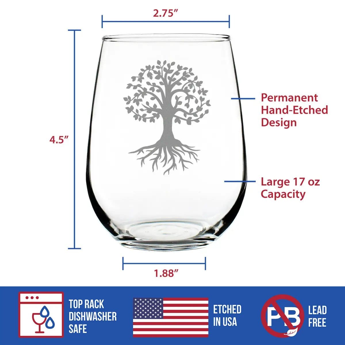 Etched Stemless Wine Glass | 17 oz | Dishwasher Safe | Tree Of Life