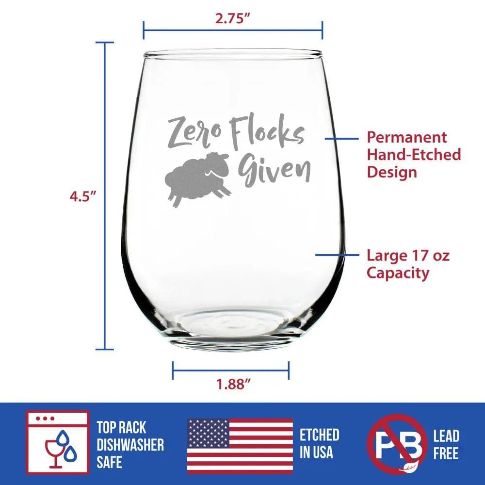 Etched Stemless Wine Glass | 17 oz | Dishwasher Safe | Zero Flocks Given Sheep