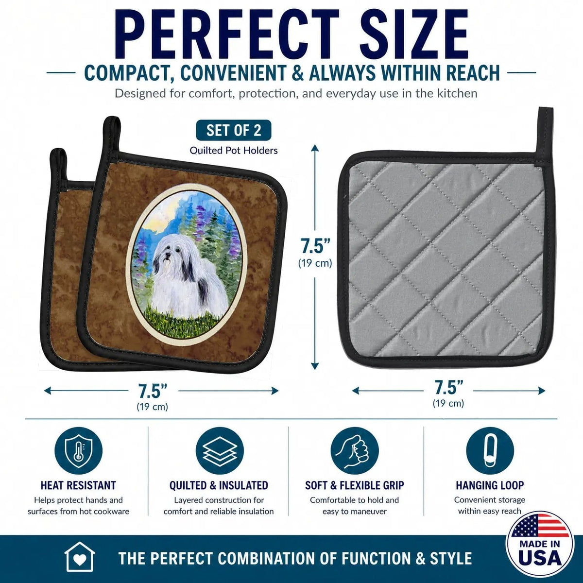 Pot Holder Set of 2 | Heat Resistant Quilted Hot Pads | 7.5 x 7.5 Inch | Havanese (Style 3)