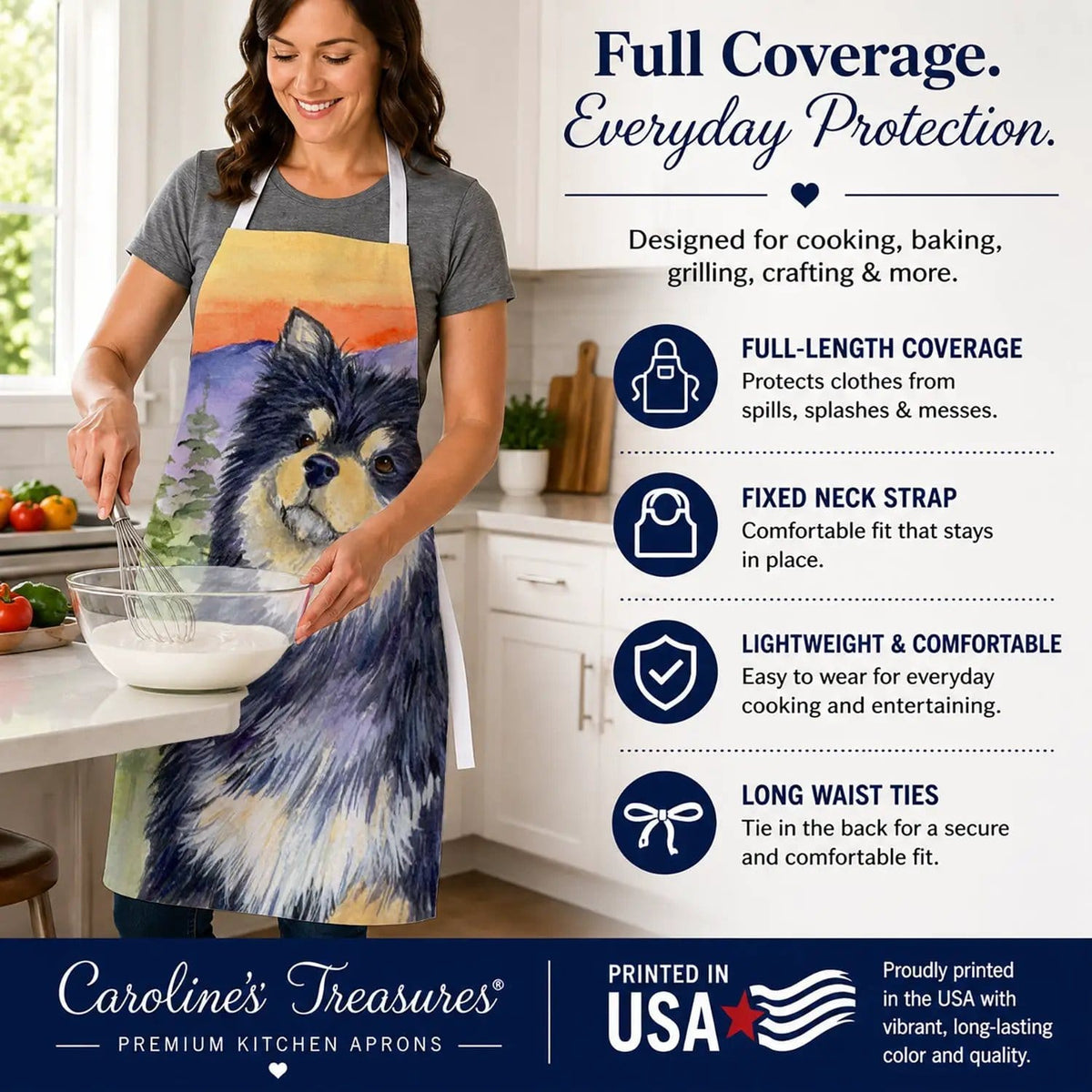 Kitchen Apron | Bib Style Unisex | 27"W x 30"H | Finnish Lapphund (Style 2)