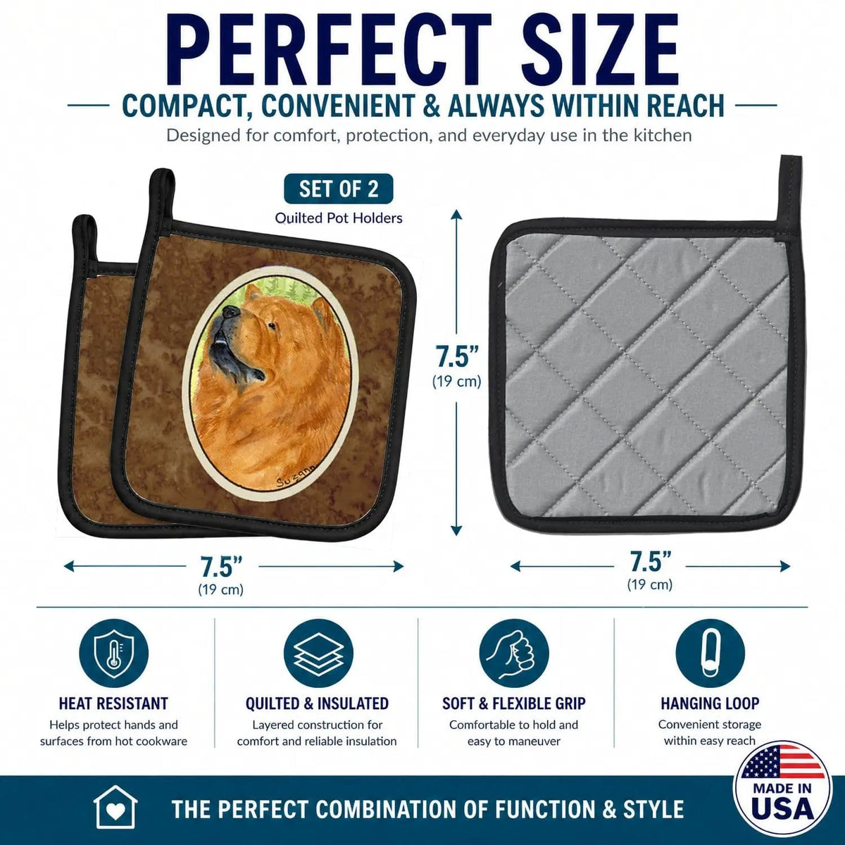 Pot Holder Set of 2 | Heat Resistant Quilted Hot Pads | 7.5 x 7.5 Inch | Chow Chow (Style 7)