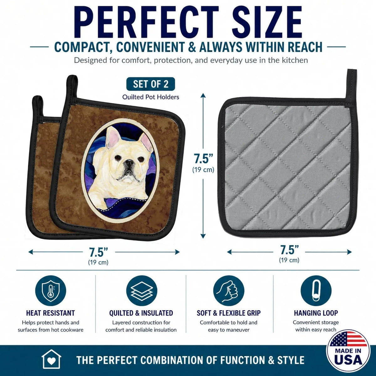 Pot Holder Set of 2 | Heat Resistant Quilted Hot Pads | 7.5 x 7.5 Inch | French Bulldog (Style 8)