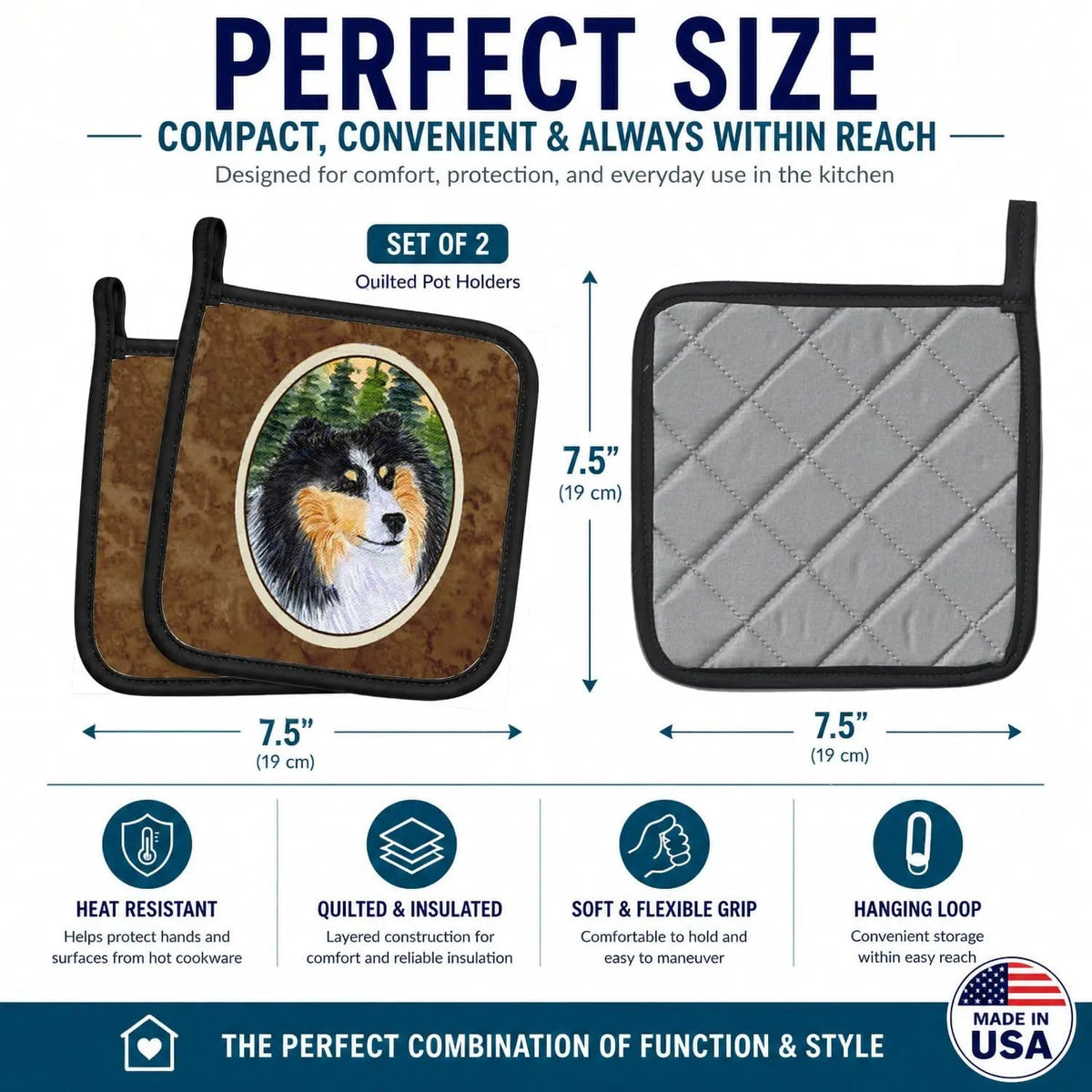 Pot Holder Set of 2 | Heat Resistant Quilted Hot Pads | 7.5 x 7.5 Inch | Sheltie (Style 5)
