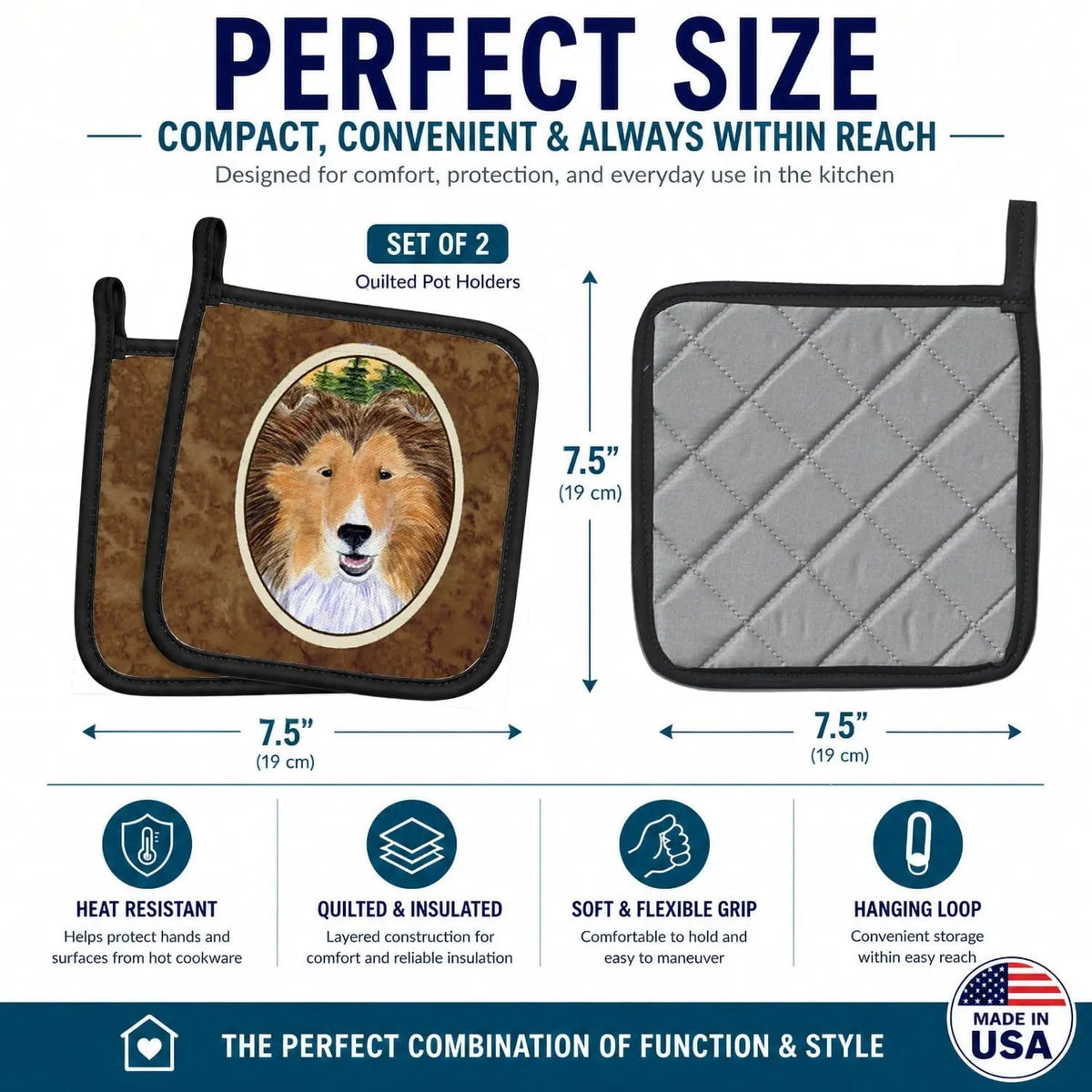 Pot Holder Set of 2 | Heat Resistant Quilted Hot Pads | 7.5 x 7.5 Inch | Sheltie (Style 6)