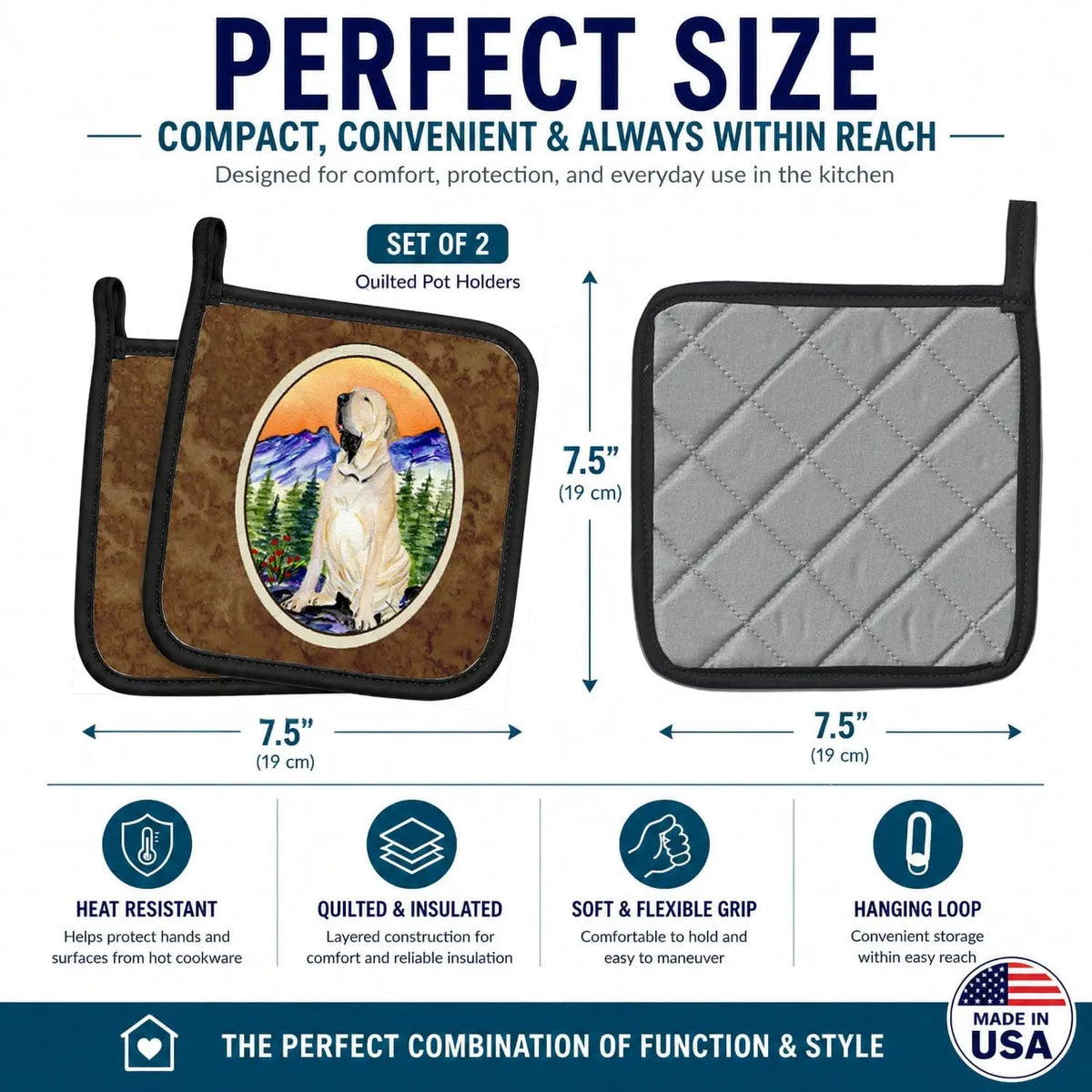 Pot Holder Set of 2 | Heat Resistant Quilted Hot Pads | 7.5 x 7.5 Inch | Brazilian Mastiff / Fila Brasileiro