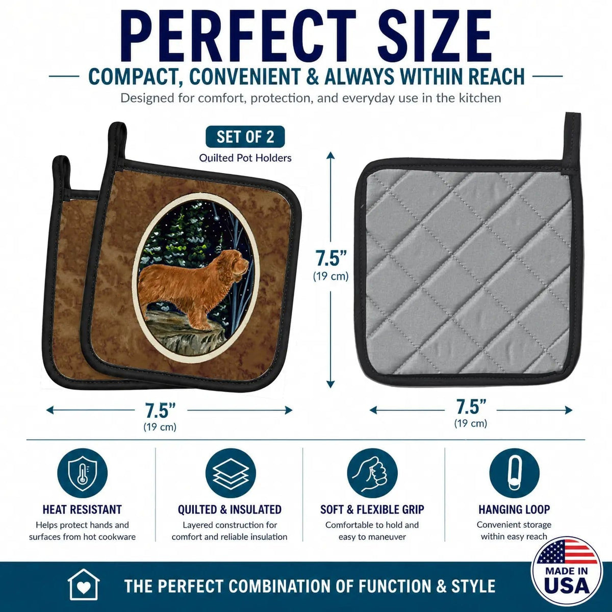 Pot Holder Set of 2 | Heat Resistant Quilted Hot Pads | 7.5 x 7.5 Inch | Sussex Spaniel (Style 2)