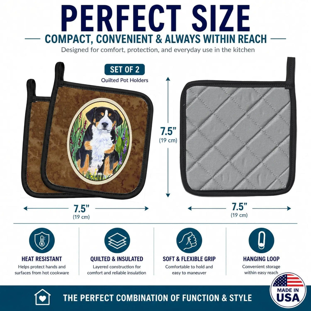 Pot Holder Set of 2 | Heat Resistant Quilted Hot Pads | 7.5 x 7.5 Inch | Greater Swiss Mountain Dog (Style 3)