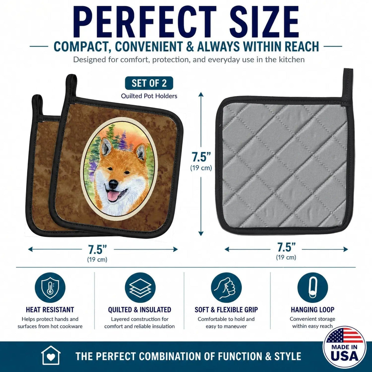 Pot Holder Set of 2 | Heat Resistant Quilted Hot Pads | 7.5 x 7.5 Inch | Shiba Inu (Style 7)