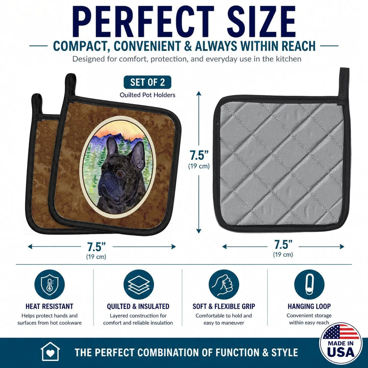 Pot Holder Set of 2 | Heat Resistant Quilted Hot Pads | 7.5 x 7.5 Inch | French Bulldog (Style 9)