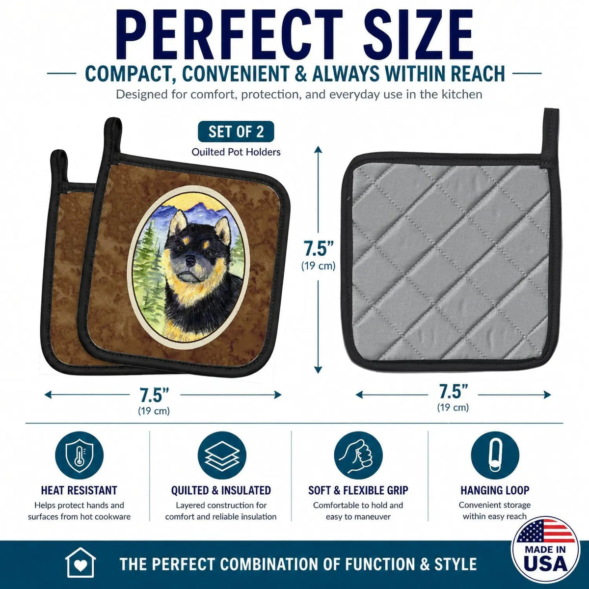 Pot Holder Set of 2 | Heat Resistant Quilted Hot Pads | 7.5 x 7.5 Inch | Shiba Inu (Style 8)