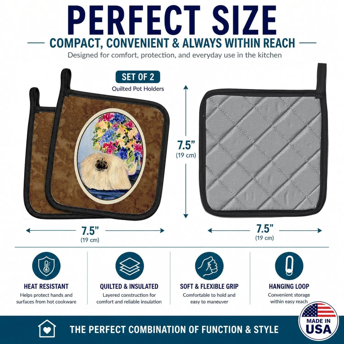 Pot Holder Set of 2 | Heat Resistant Quilted Hot Pads | 7.5 x 7.5 Inch | Pekingese