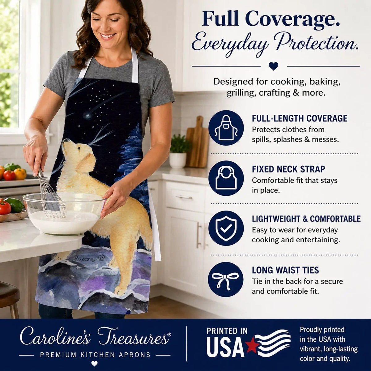 Kitchen Apron | Bib Style Unisex | 27"W x 30"H | Starry Night Golden Retriever