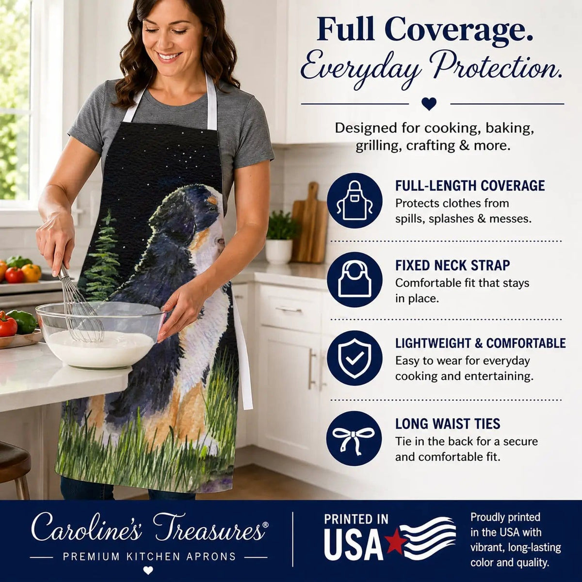 Kitchen Apron | Bib Style Unisex | 27"W x 30"H | Starry Night Bernese Mountain Dog (Style 4)