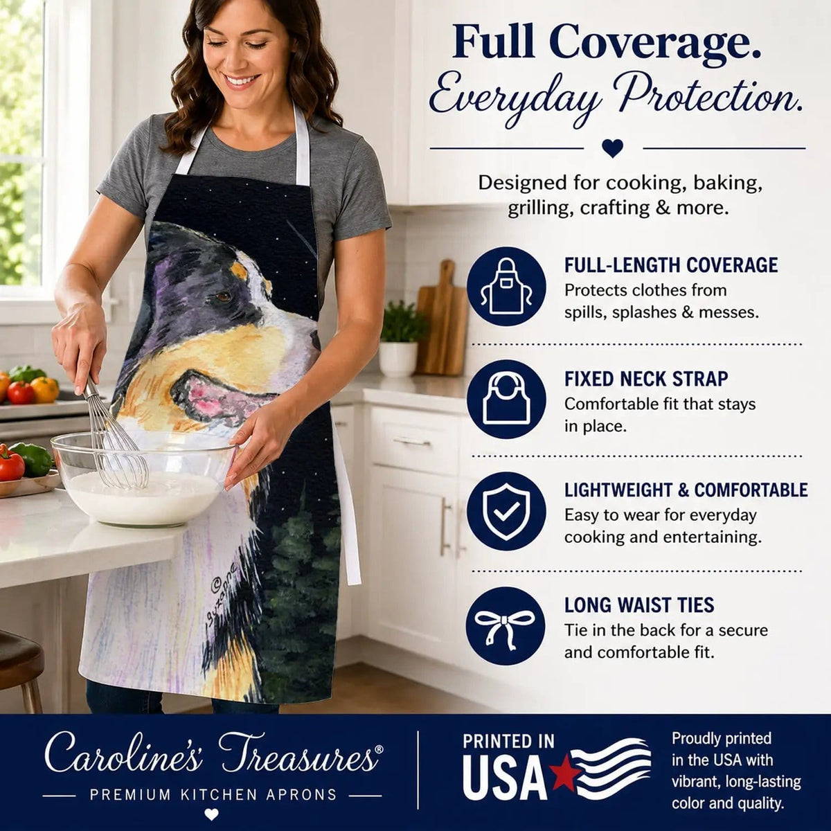 Kitchen Apron | Bib Style Unisex | 27"W x 30"H | Starry Night Bernese Mountain Dog (Style 3)