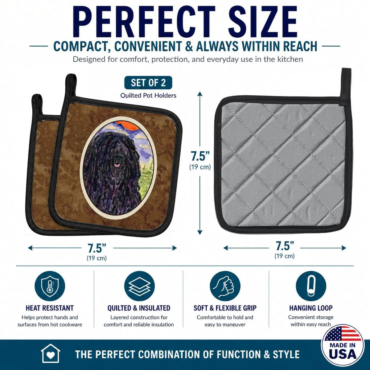 Pot Holder Set of 2 | Heat Resistant Quilted Hot Pads | 7.5 x 7.5 Inch | Puli