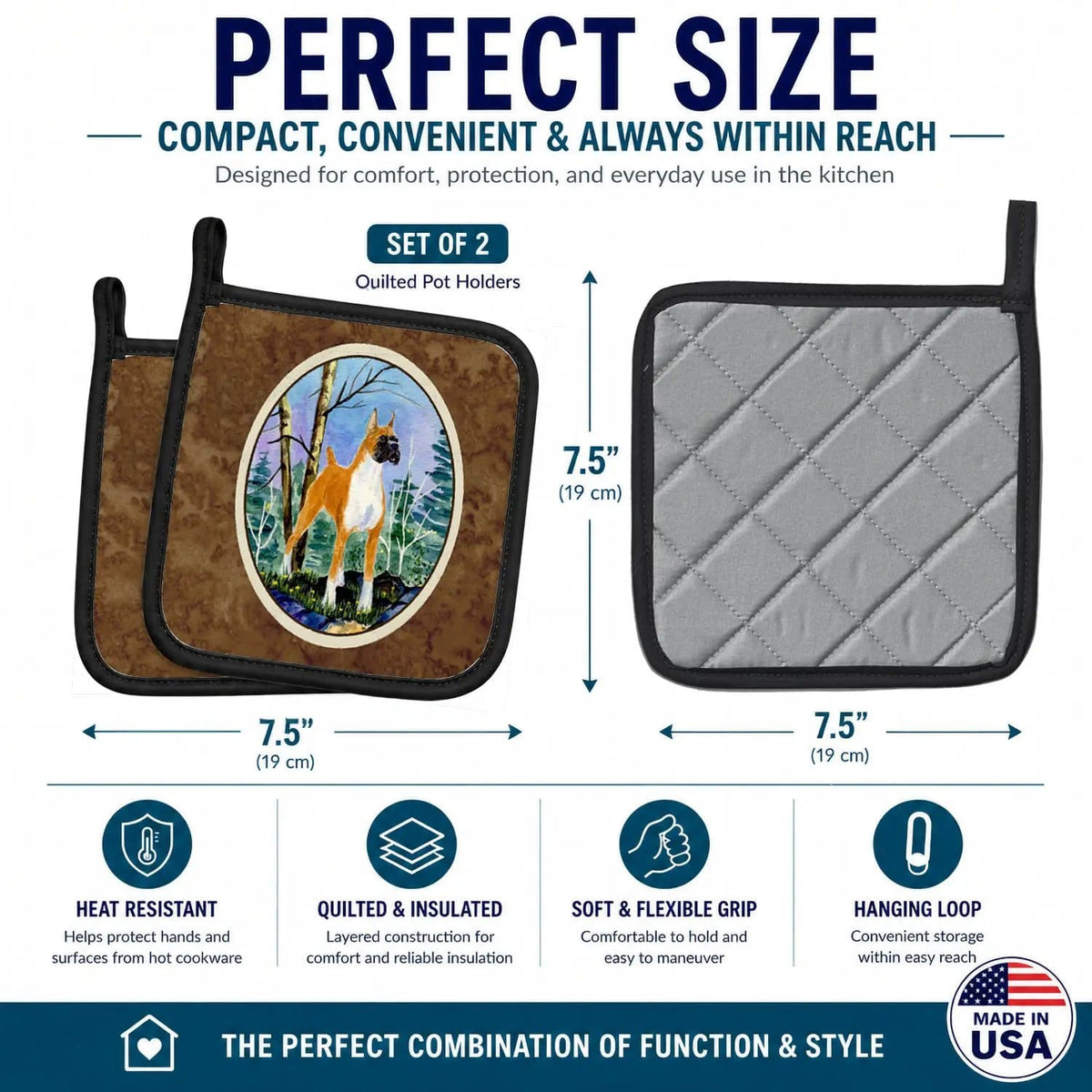 Pot Holder Set of 2 | Heat Resistant Quilted Hot Pads | 7.5 x 7.5 Inch | Boxer
